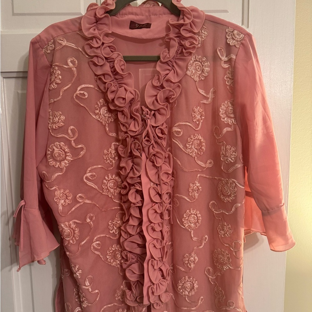 Vintage Pink Embroidered Ruffle Blouse Sheer Floral Tunic Top Boho Romantic - Picture 2 of 9